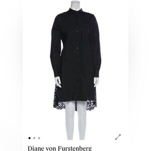 Diane Von Furstenburg Black Cotton and Lace Mock Neck Button down dress